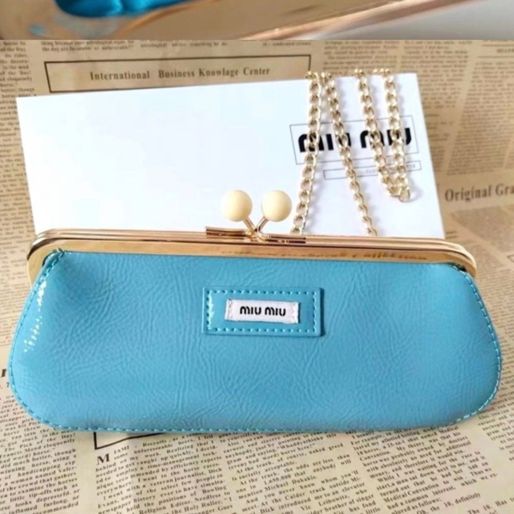 Miu Miu Blue Cosmetic Pouch/Clutch with Chain Conversion New